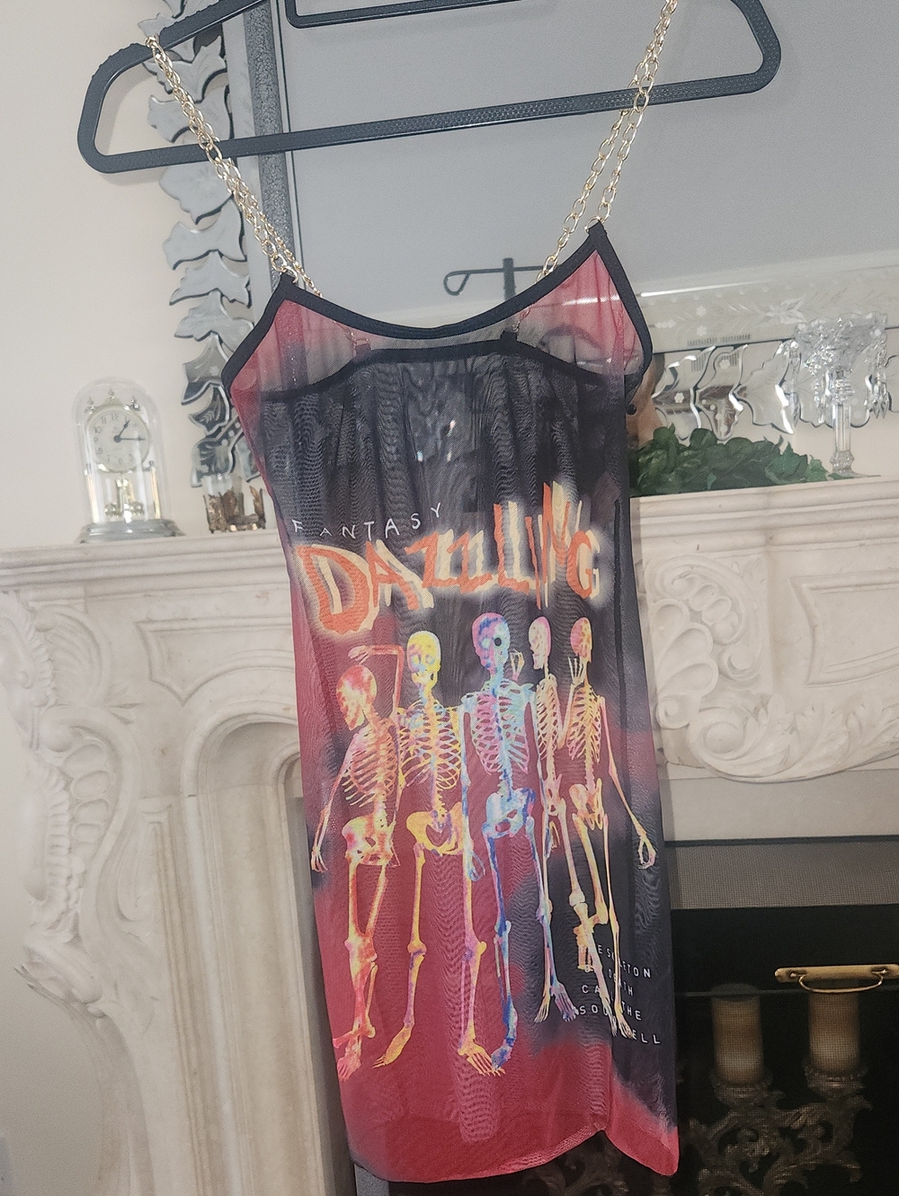 ROMWE Mesh Skeleton Slip Dress. Gold Chain Straps. Black & Red, Multicolor Print